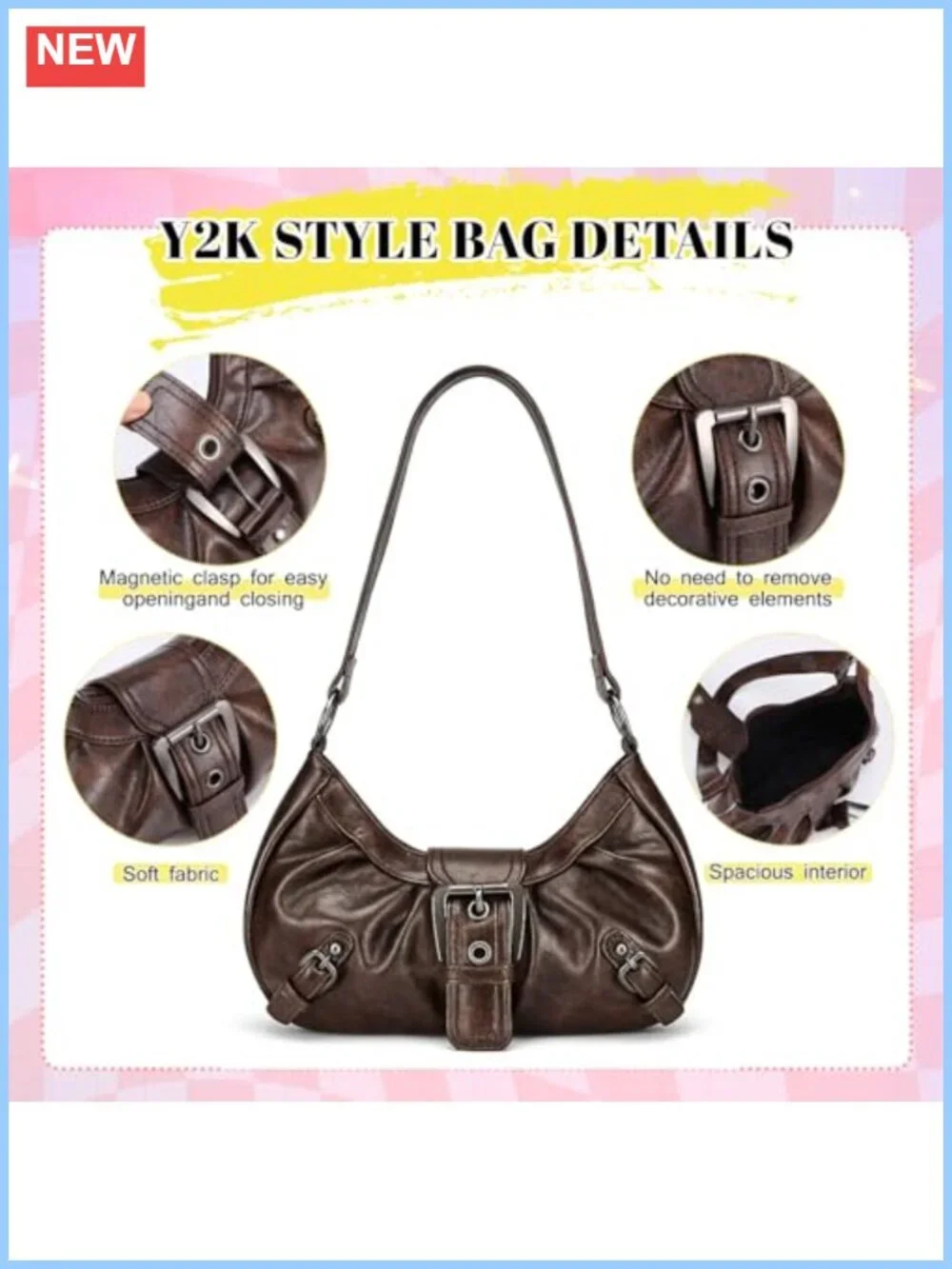 Y2K Faux Leather Hobo Shoulder Bag Sunglasses Set Trendy Purse